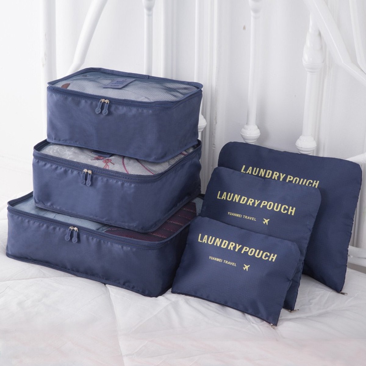 Koffer organizer - 6-in-1 set - Reisorganizer inclusief 3 x verpakkingsblokken en 3 x opbergzakken - Reiskledingzakken voor droge kleding, ondergoed, cosmetica en andere accessoires - Marineblauw
