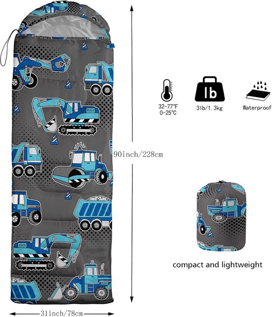 Kinder slaapzak - Reis slaapzak - Buiten kamperen - Waterdicht scheurvast - 228 cm lang - Auto print van Kinder — afbeelding 3