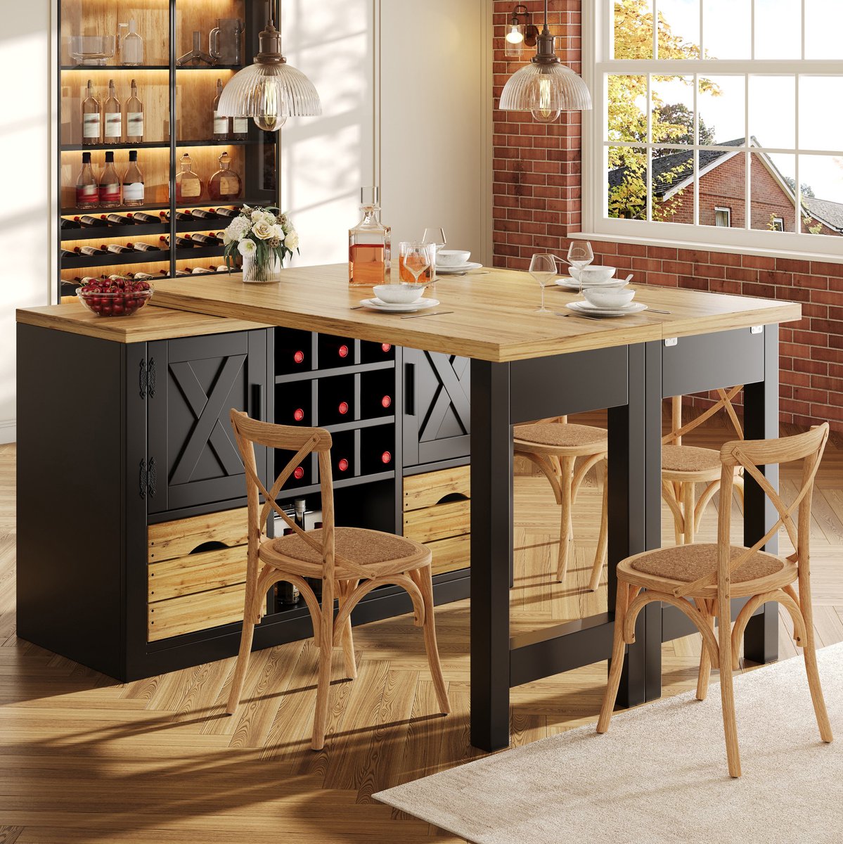 MODENUIT Eettafel - Uitschuifbaar Met 360° Draaiblad En Opbergruimte - Voor Keuken En Eetkamer - MDF - Zwart
