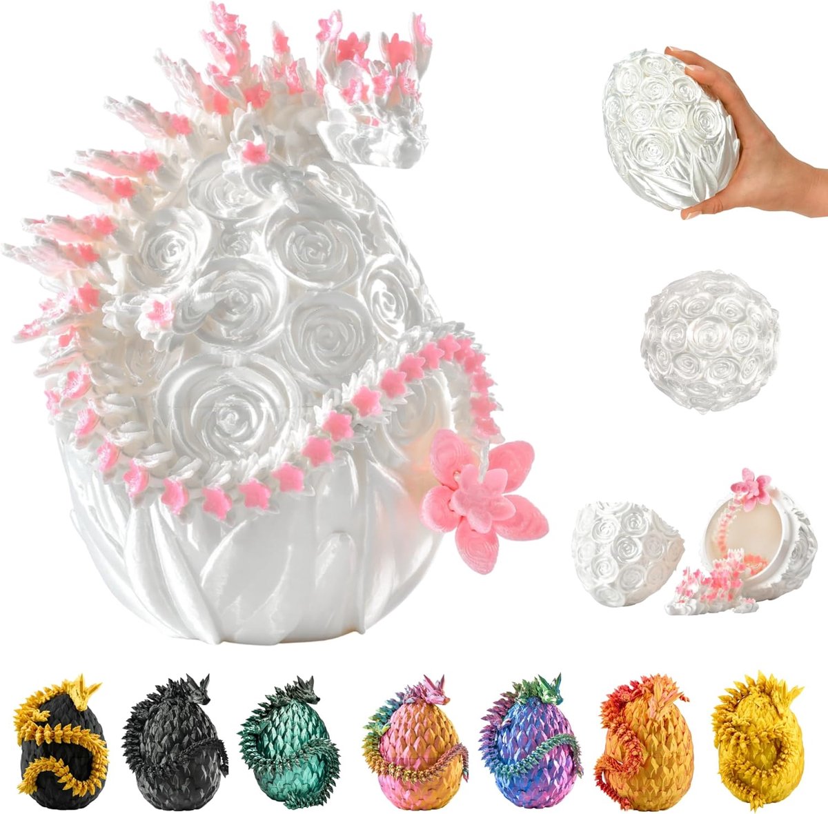 3D Draak in Ei - 36 cm Decoratieve en Verzamelfiguur - Wit-Roze Fantasiedraak met Bloem - ShopVlot