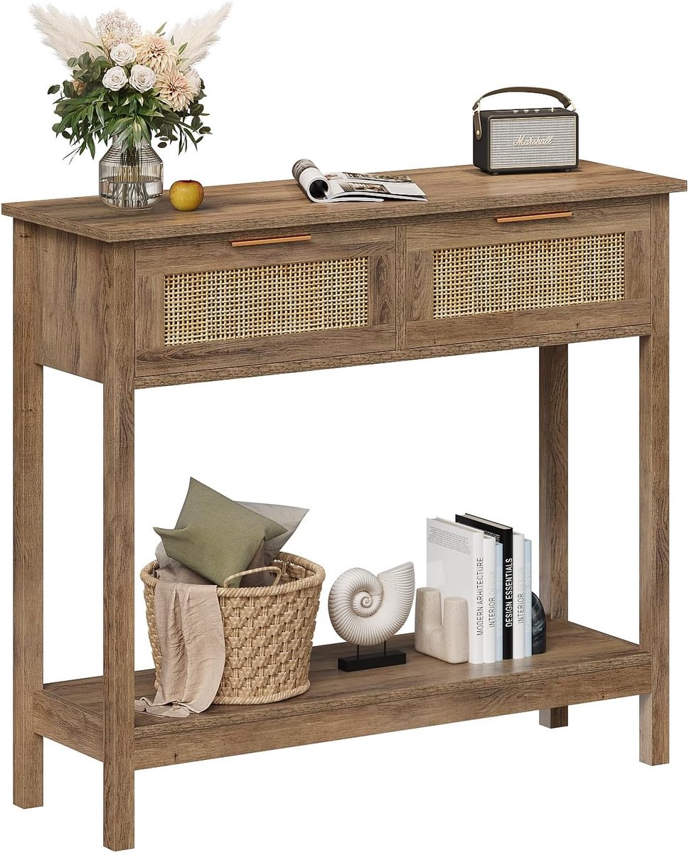 Consoletafel met rattan lades - eiken caramel - boho stijl - perfect voor entree of woonkamer - ShopVlot