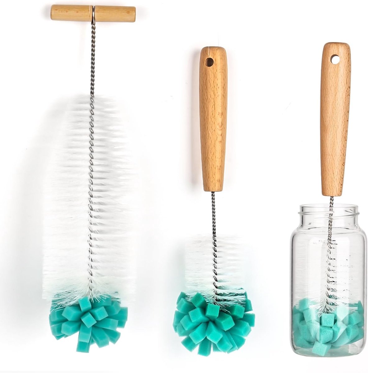 Flessenborstel set van 2 - 7cm/9cm met sponskop - RVS en beukenhouten handvat - ShopVlot