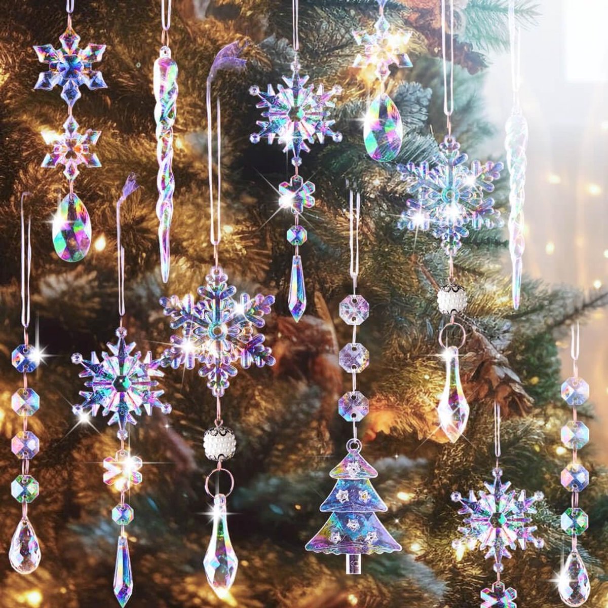Kerstdecoratie set 26 stuks - acryl sneeuwvlokken en icicles - kleurrijke kerstversiering - voor een sfeervolle kerst - ShopVlot