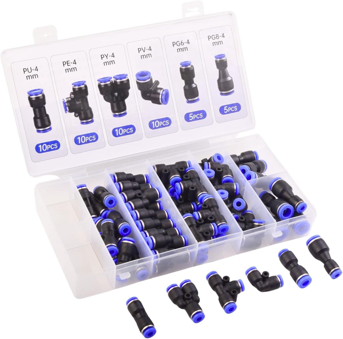 Pneumatische push-in connectoren 4mm - Set van 50 - Diverse varianten - Eenvoudige montage zonder gereedschap - ShopVlot