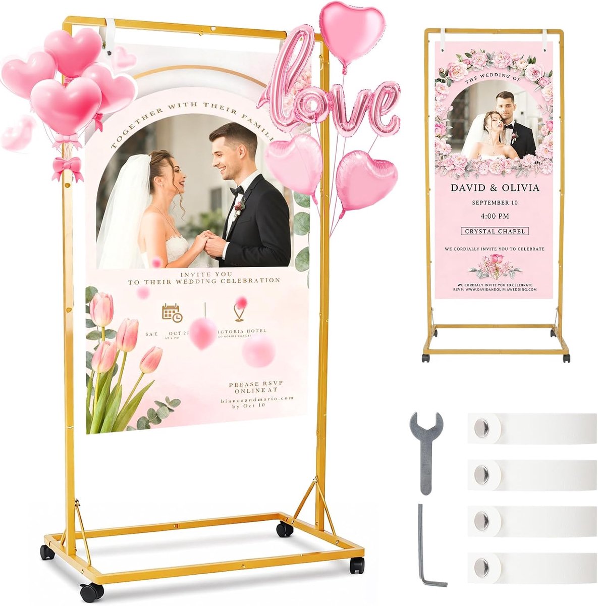 Huwelijksbordhouder op Wielen - 170 x 72 x 50 cm - Verstelbaar met 2 Leren Straps - ShopVlot