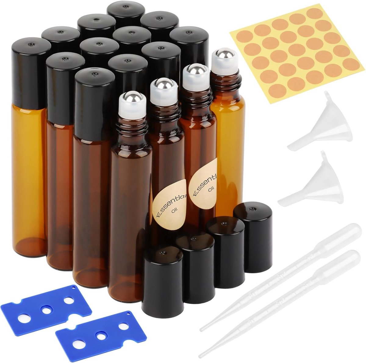 Rollerball flessen 10ml - 16 stuks bruin glas - met roestvrijstalen bal - ideaal voor essentiële oliën - ShopVlot