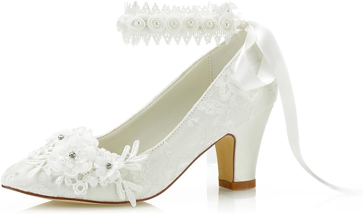 Dames Bruidschoenen Gesloten Neus - 7cm Midden Hak - Kanten Satijnen Hakken - Perfect voor Trouwen - SnelShoppen