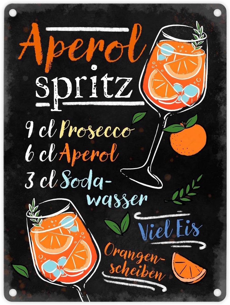 Metaalplaat cocktailrecept Aperol Spritz 15 x 20 cm - kleurrijk ontwerp - ideaal voor keuken of feest - SnelShoppen