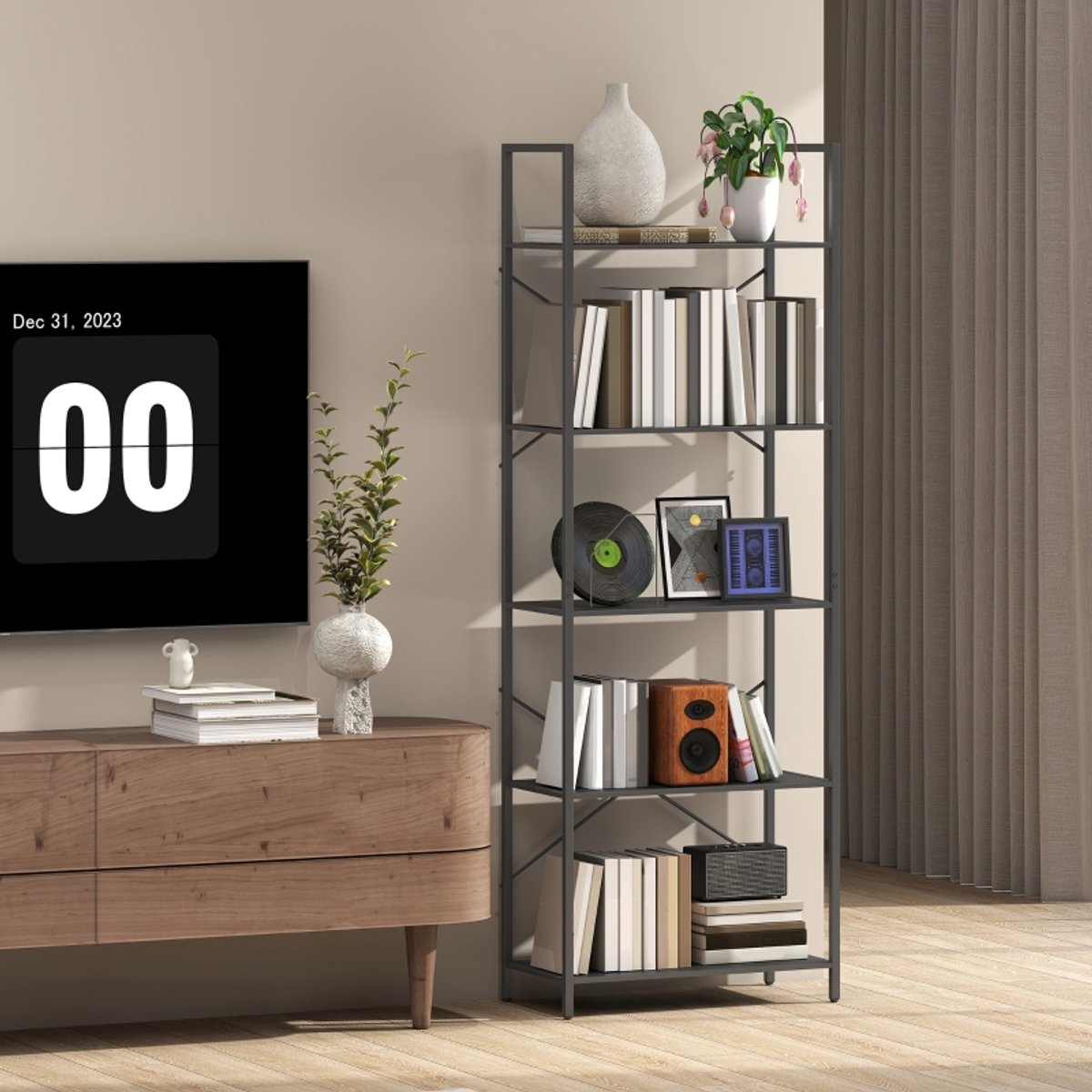 MIVRAY Boekenrek – 5 Verdiepingen Met X-Rug En Kantelbeveiliging – 60 X 30 X 170,5 Cm – Metaal – Zwart – Open Opbergrek Voor Woonkamer En Kantoor