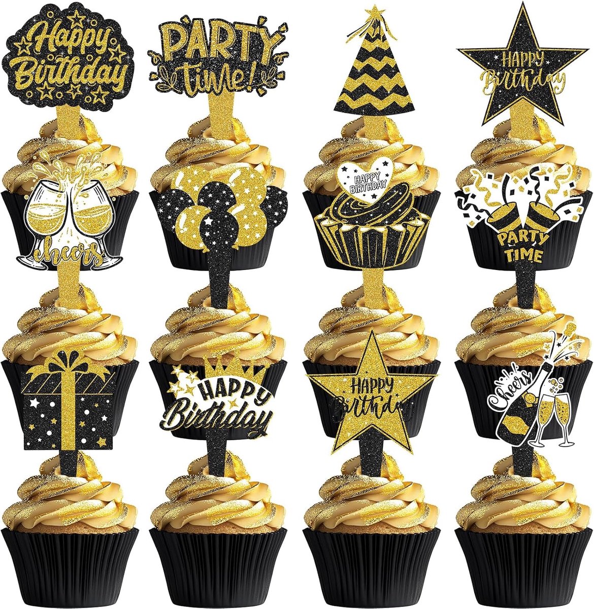 Caketopper Happy Birthday Glitter - 48 stuks - 12 unieke stijlen - Perfect voor verjaardagsfeesten - ShopVlot