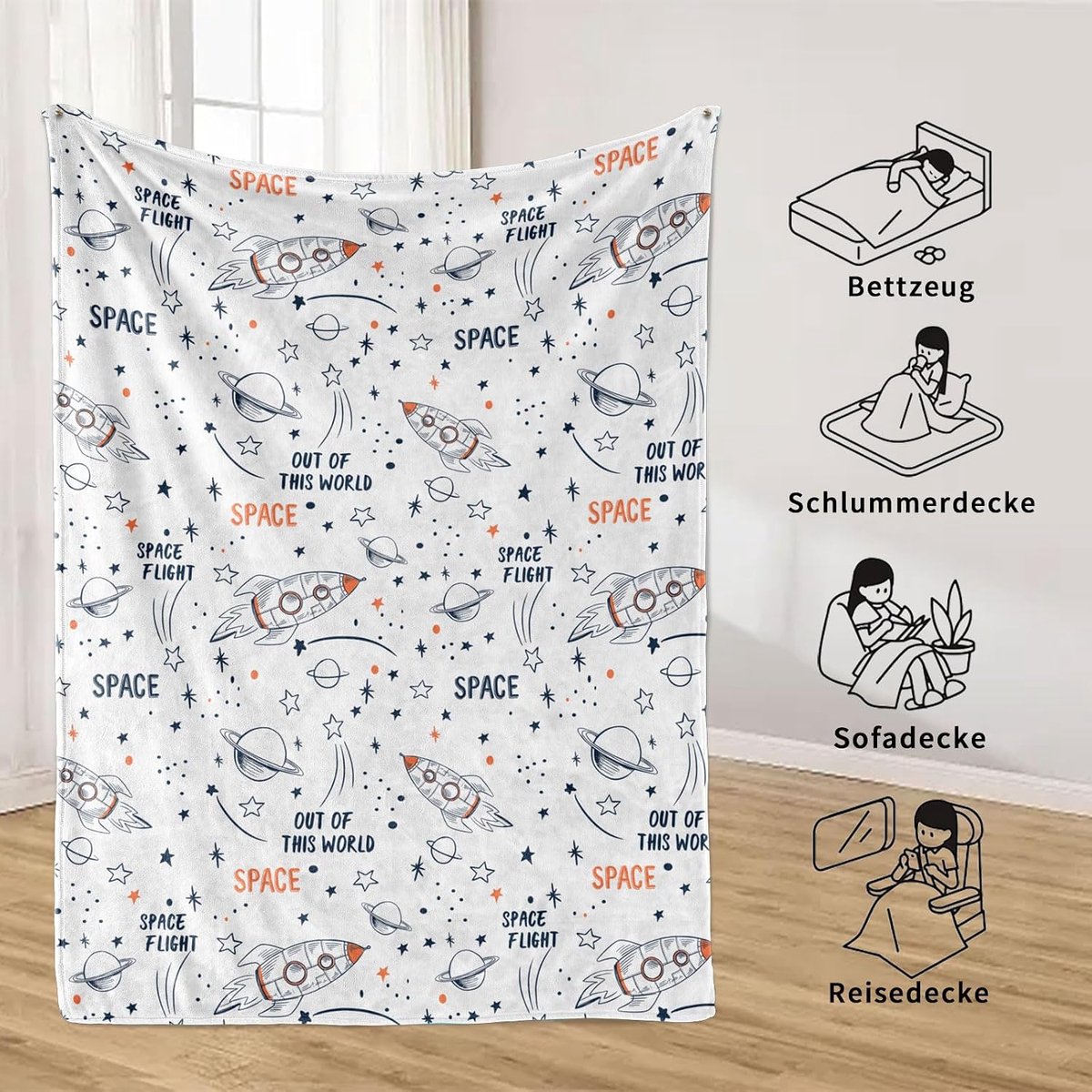 Cuddly Blanket 130 x 150 cm - Flanellen ruimte thema - Sterrenhemel en raketten - Perfect voor knuffelen - ShopVlot