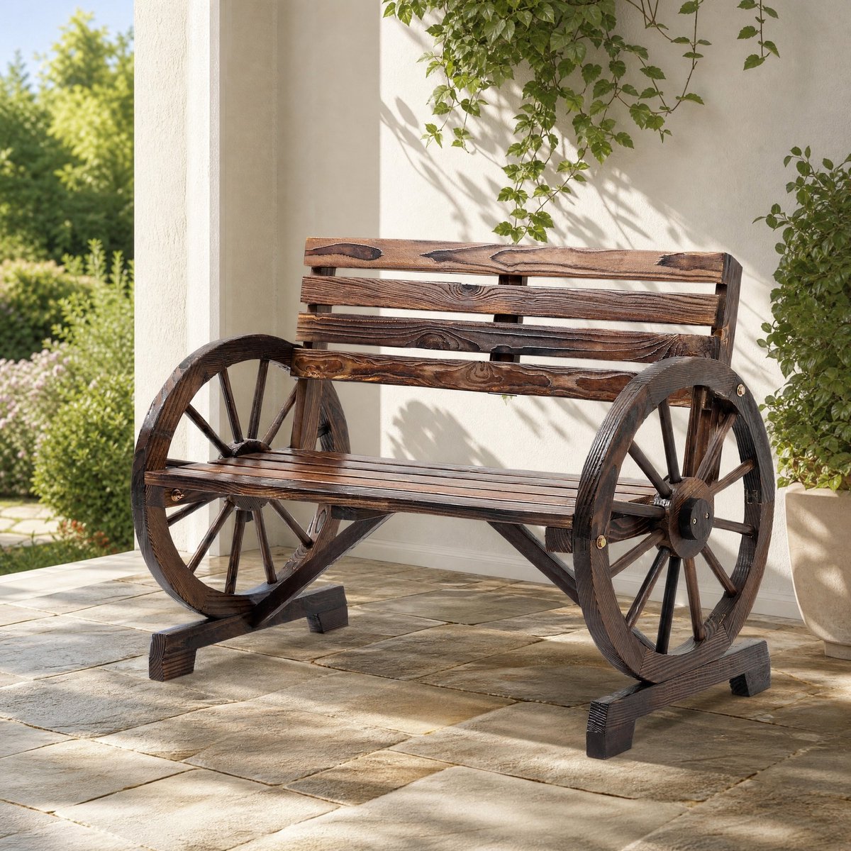 DESMIU Tuinbank 2-Zits 105,5 X 56 X 79 Cm - Wagenrad Armleuningen En Rugleuning - Voor Terras En Tuin - Hout - Bruin