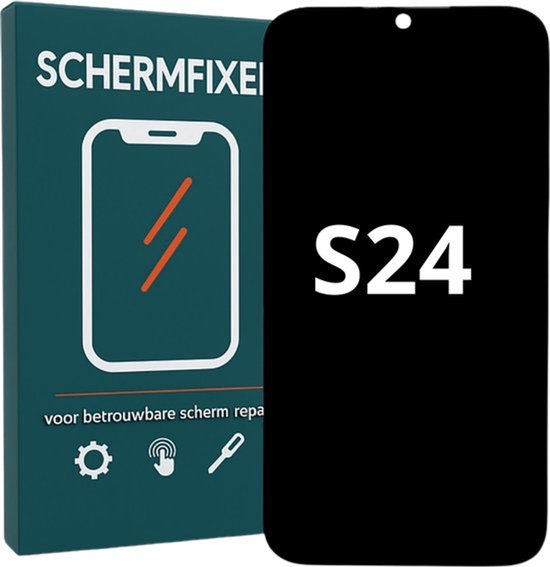 Zwart S24 scherm met een blauwgroene verpakking met de tekst "SCHERMFIXER" en "voor betrouwbare scherm reparatie".