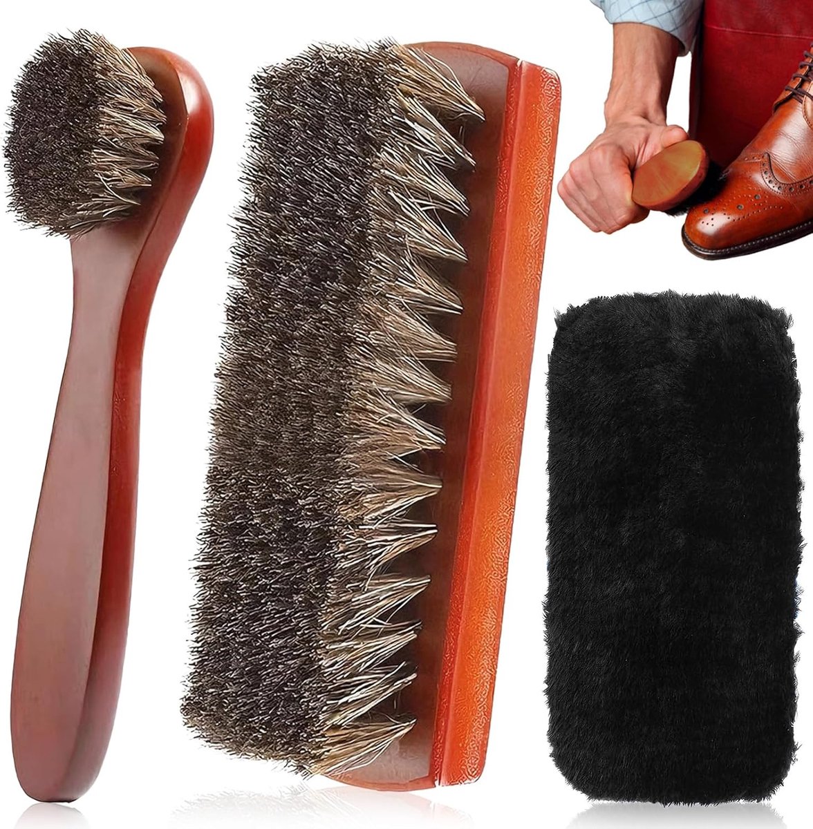 Schoenborstels Set 3 Stuks - Paardenhaar - Ergonomisch Houten Handvat - Voor Hoogglans Afwerking - ShopVlot