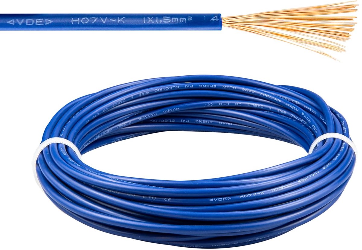 H07V-K 1x1,5 mm² blauwe eenaderige kabel - 10 meter - flexibel - ideaal voor diverse elektrische toepassingen - ShopVlot