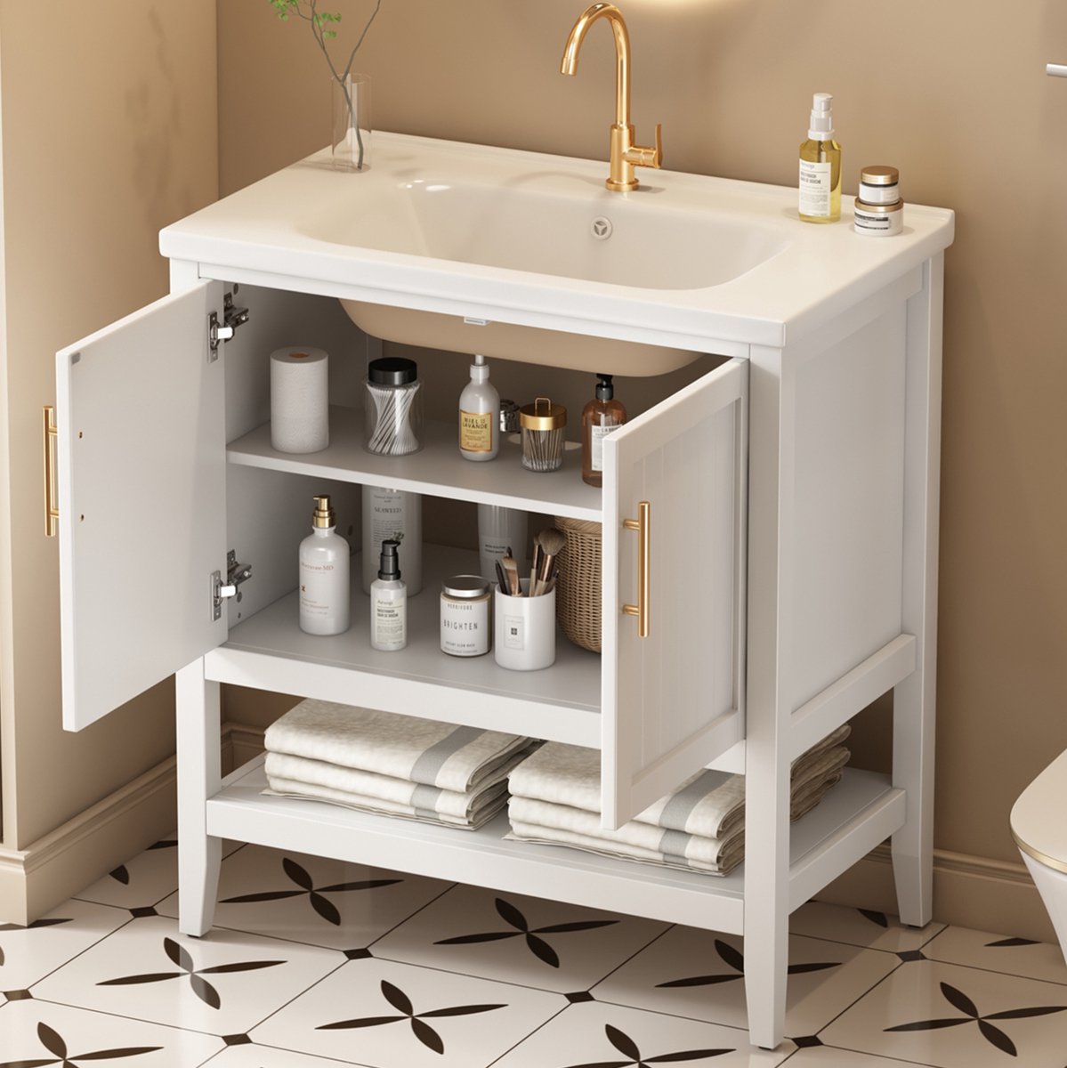 STILVORA Wastafelmeubel Wit MDF Met Keramische Wastafel En Opbergruimte - Staand Badkamermeubel Voor Moderne Badkamer - 80 Cm