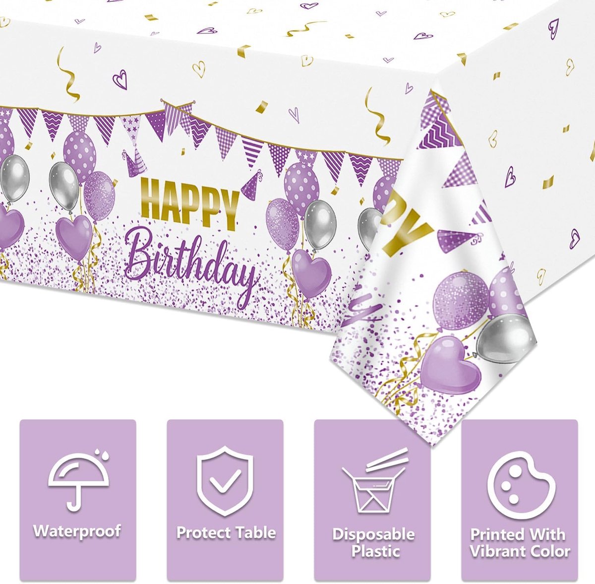 Tafelkleden Happy Birthday 130 x 220 cm - Waterdicht paars met goud - Feestelijke decoratie - Perfect voor partijtjes - ShopVlot