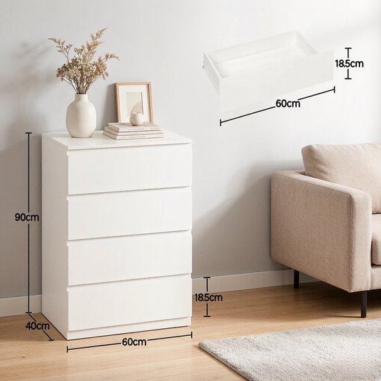 STILVORA Opbergkast - Vier Lades Met Minimalistisch Design - Voor Slaapkamer, Woonkamer En Hal - Hout - Wit - 60x90x40 Cm — afbeelding 2