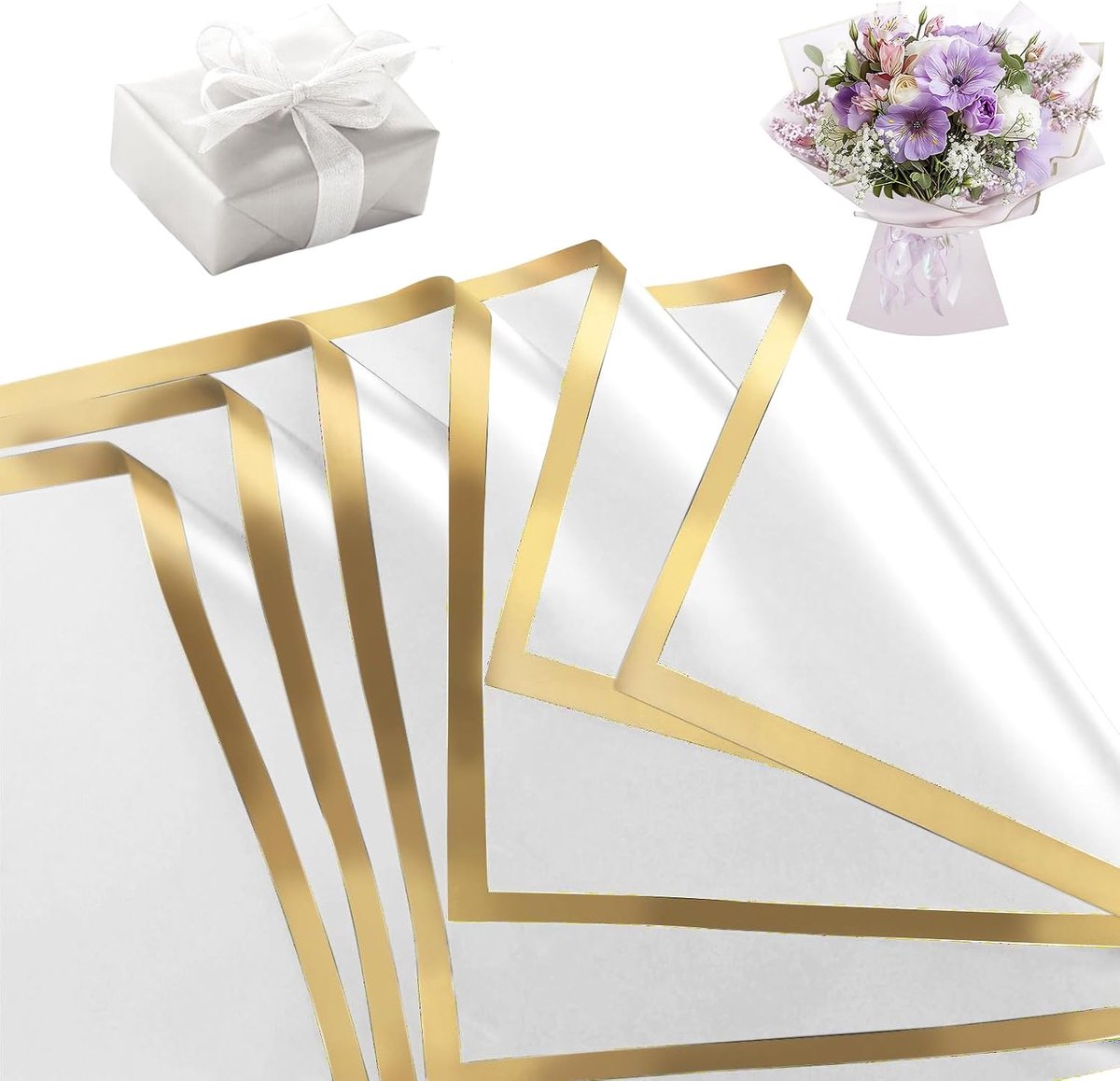 Bloemenpapier 20 Vellen Waterdicht - Wit met Gouden Rand - Elegante Verpakking - Perfect voor Bloemen - ShopVlot