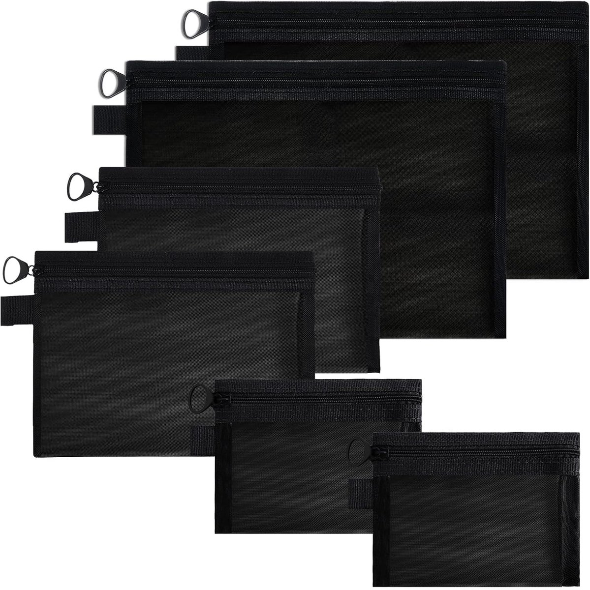 Mesh tasjes set van 6 - 3 maten - Zwarte toilettassen - Perfect voor cosmetica en reisbenodigdheden - ShopVlot