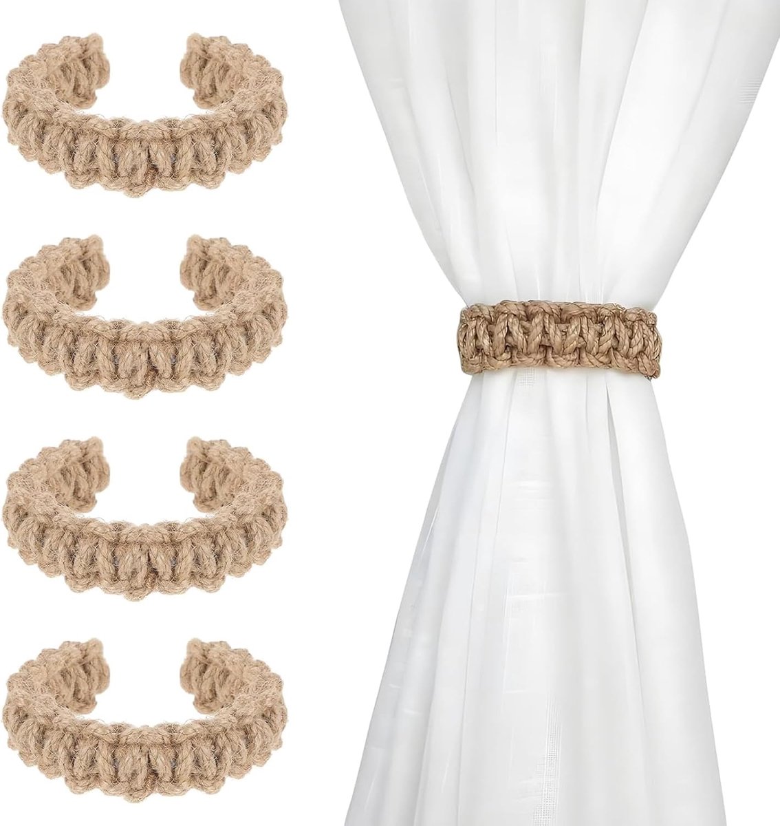 Gordijnbanden 4 stuks - Gevlochten jute - Bohemian design - Perfect voor woonkamer en slaapkamer - SnelShoppen
