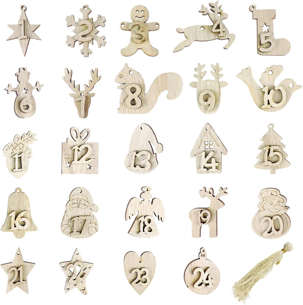 Houten Adventskalender Figuren 24 stuks - Natuurlijk hout - Duurzaam en herbruikbaar - Voor creatieve kerstdecoratie - SnelShoppen