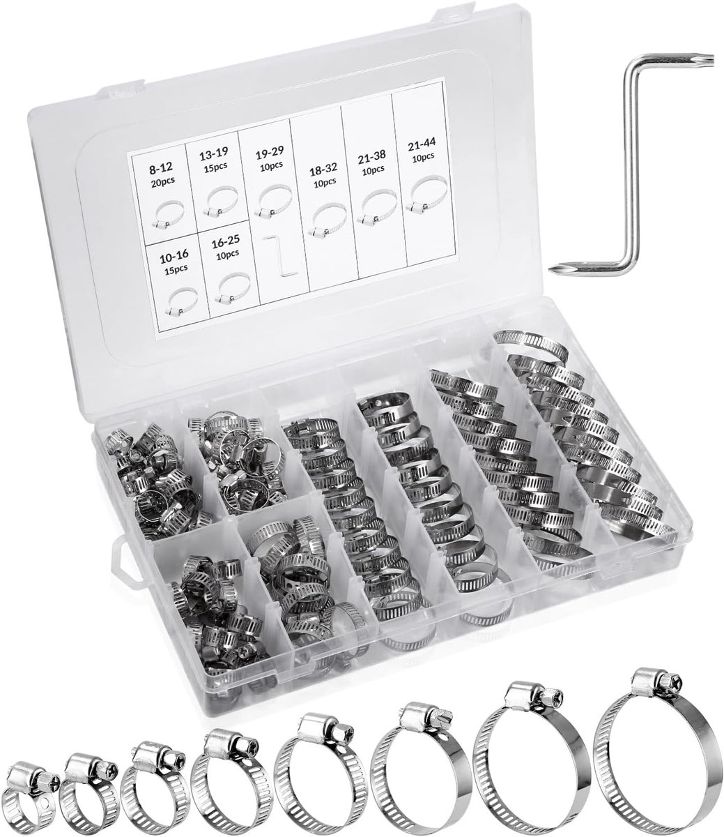 Hose clamp set 100pcs - verstelbaar 8-44mm - roestvrij staal - geschikt voor waterleiding en auto - SnelShoppen