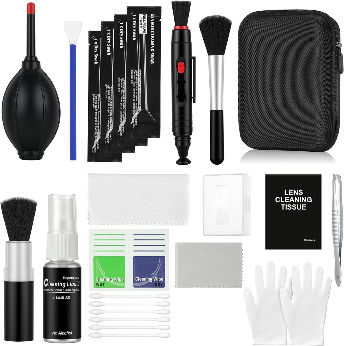 Camera schoonmaakset 27 in 1 - lensreiniger met bellow, lenspen, schoonmaakdoek en microvezel swabs - SnelShoppen