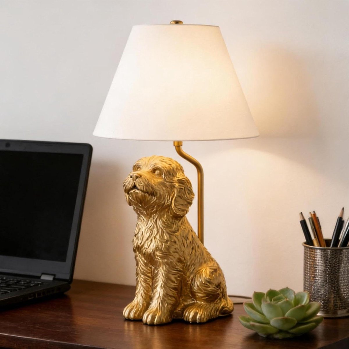 Dierenlamp Hars - Bureau tafellamp - Gezellige sfeer creëren - Handgemaakt hondenbeeldje - 47 x 24 x 8 cm - Wit