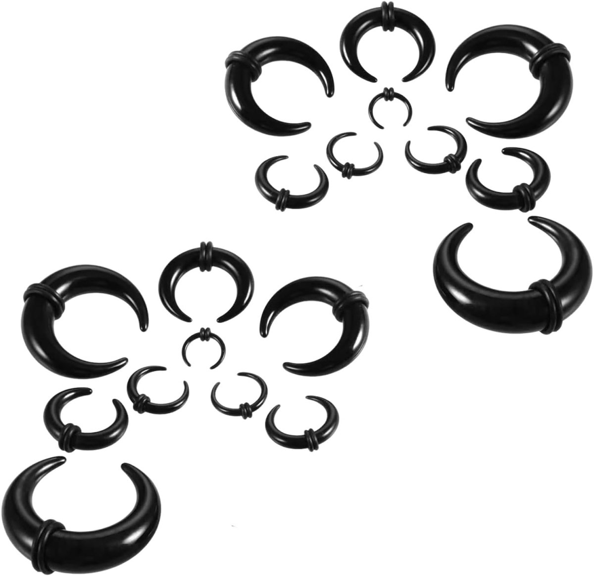 18 stuks septumpiercing, 1,6 - 10 mm, acryl pincher, tapers, septumringen, C-vorm, buffalo, stretchuitbreiding, voor dames en heren, zwart