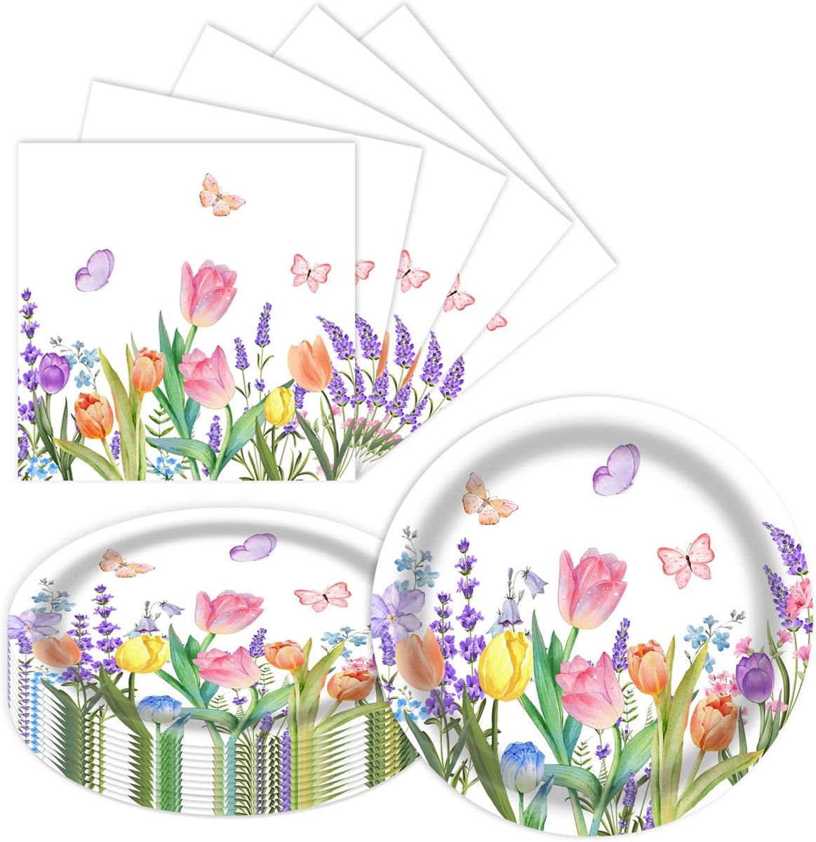 Bloemen papieren borden 17,8 cm 20 stuks + servetten 20 stuks set, wegwerp tafelservies, tulpenpatroon, tafeldecoratie voor feest, verjaardag en familiefeest