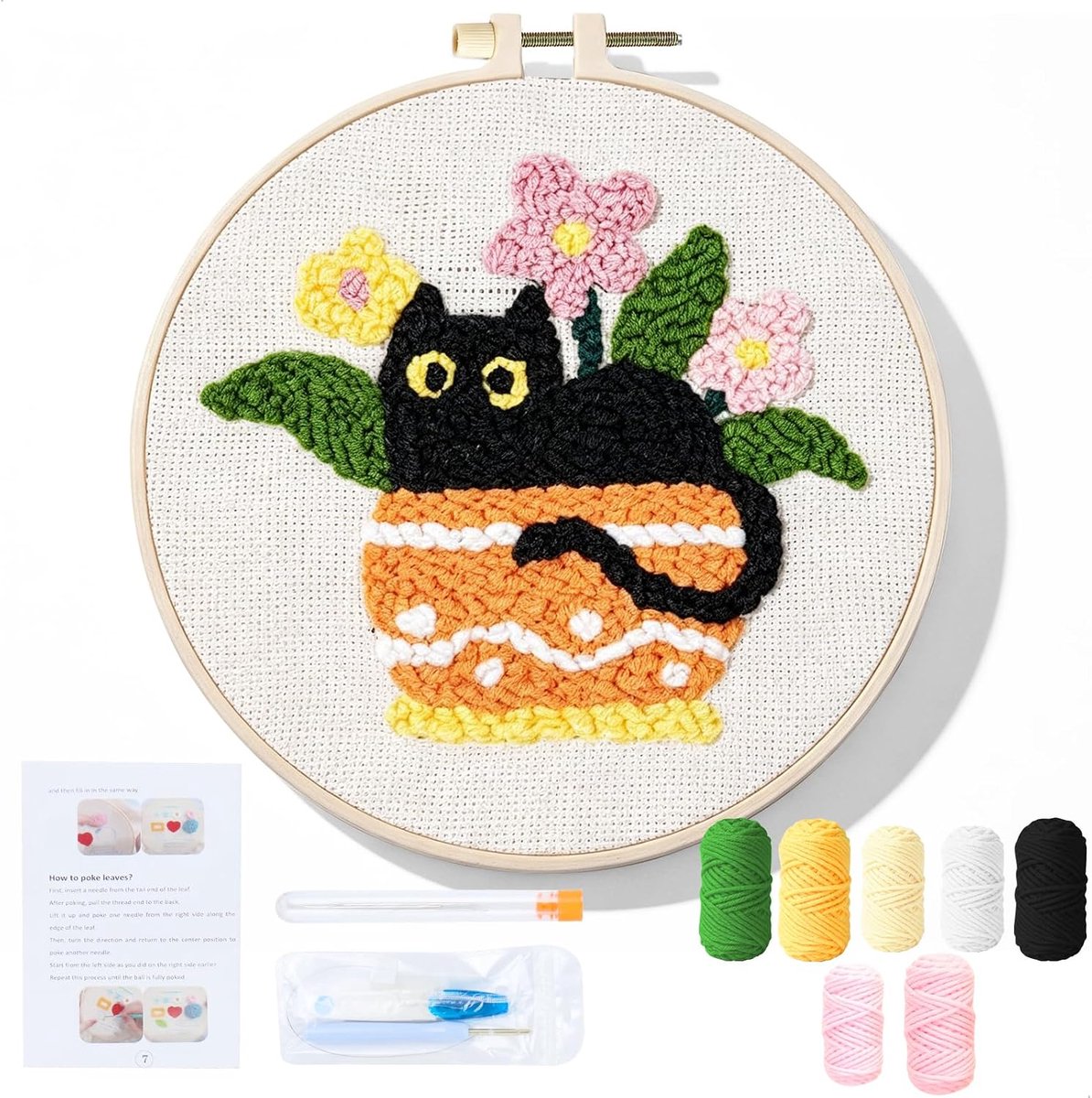 Borduurset voor beginners, punch-naaldset, kruissteekset, borduurcirkel met voorgedrukte motieven, verstelbaar borduurframe, dikke wol voor een pluizige look, voor stress en wanddecoratie