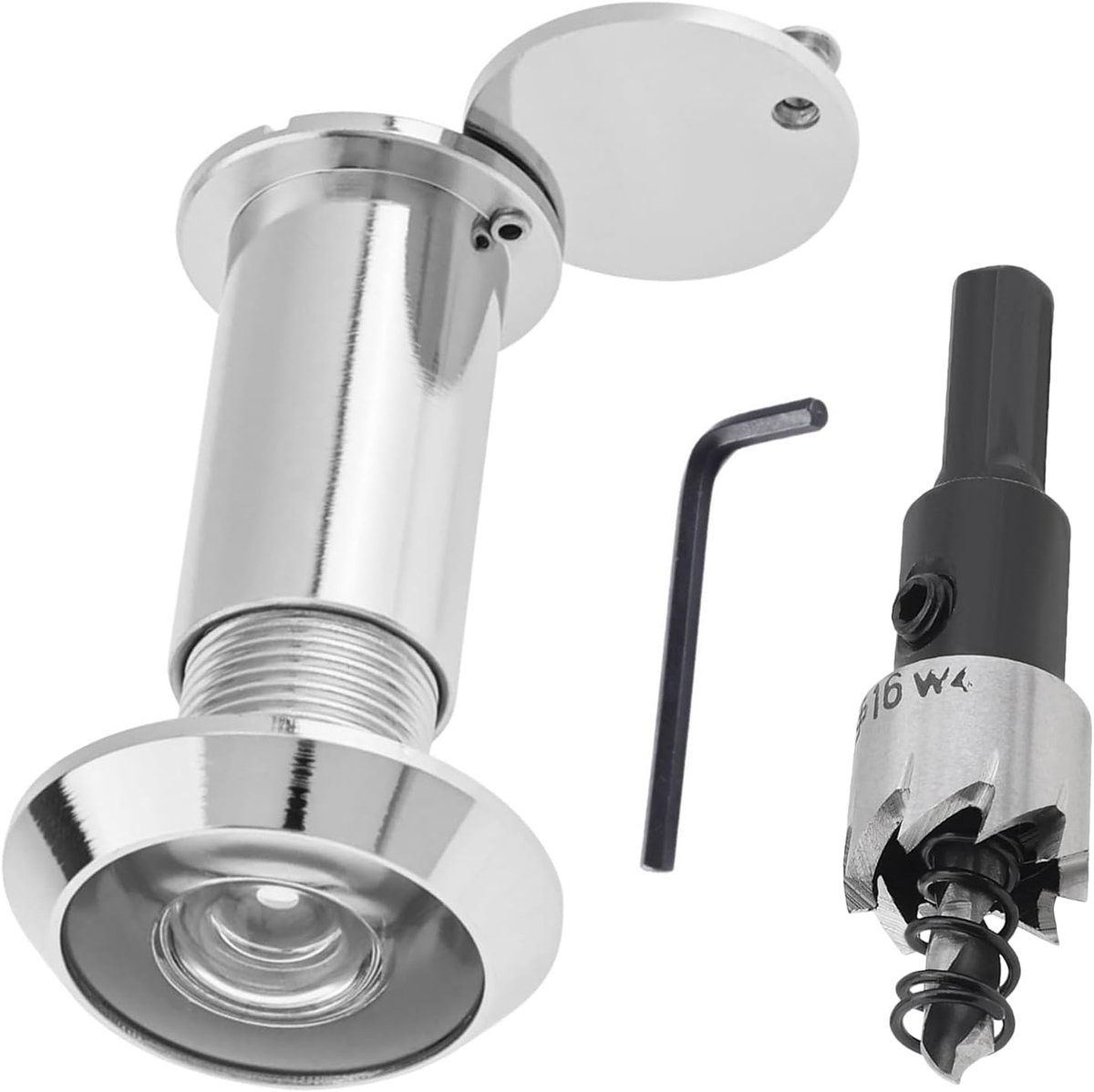 Deurspion 200 graden, groothoek met 16 mm boor, aangesloten oogje voor pantserdeur, compatibel met dikte 35-60 mm, glanzende zilveren afwerking