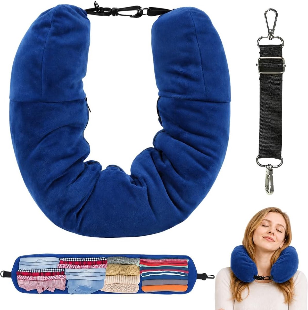 Nekkussen,Reiskussen,Geschikt voor Vliegtuig- en Reisvulling,U-Vormig Multifunctioneel Nekkussen,met Slaapmasker en Oordoppen (Donkerblauw)