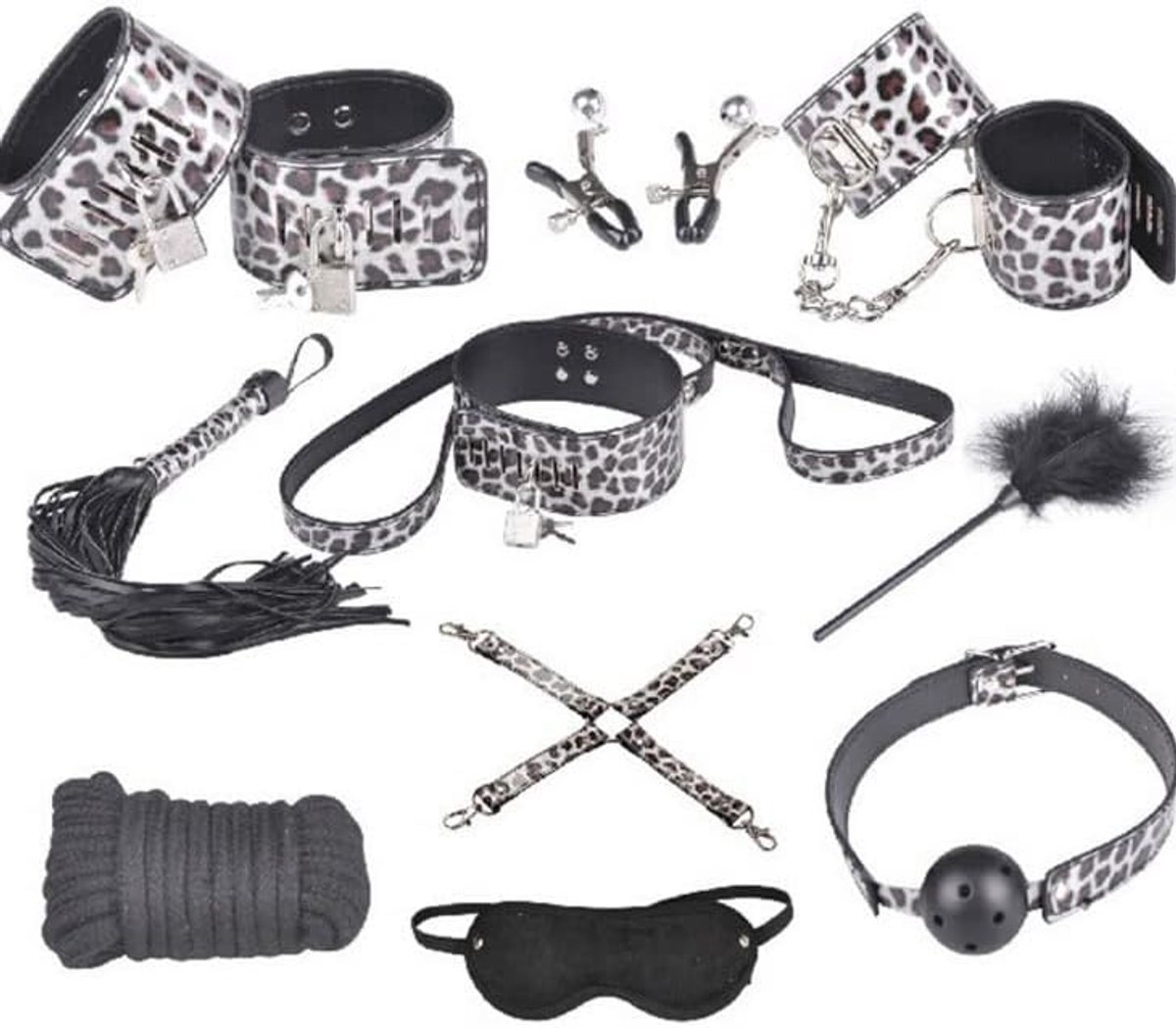 BDSM Bondage Set 10-delig - Panterprint - PU leer - Compleet voor een ondeugende avond - SnelShoppen