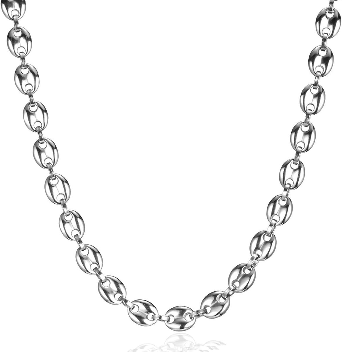 Halsketting, 6/7/9/11 mm breed, roestvrij staal, koffiebonenketting, zilveren ketting, hiphop-halsketting voor mannen en jongens, lengte 46/51/56/61/66 cm, zilver