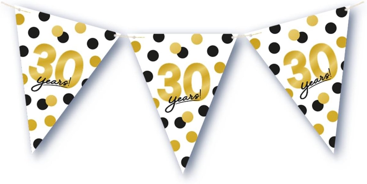 Vlaggenlijn 30 Jaar - Wit-Zwart-Goud - 6 m Verjaardag Decor - Perfect voor Feestversiering - SnelShoppen