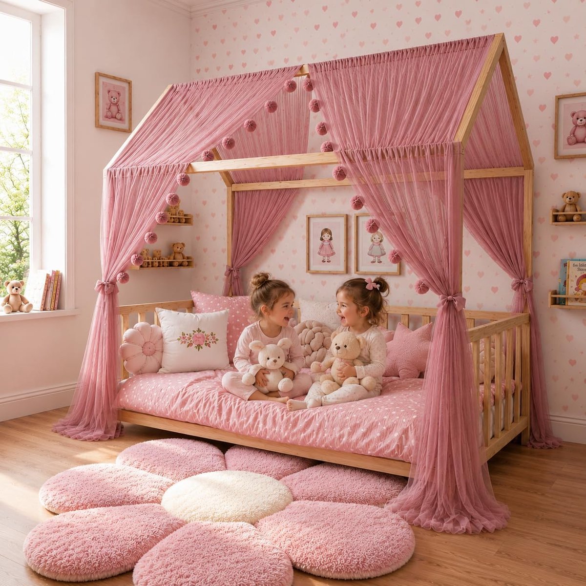 Fancyroom Huisbed, hemel voor kinderbed, kinderkamer, baldakijn, bedhemel voor meisjes, prinsessenkamer (oudroze, 340 cm, zonder vlinders)
