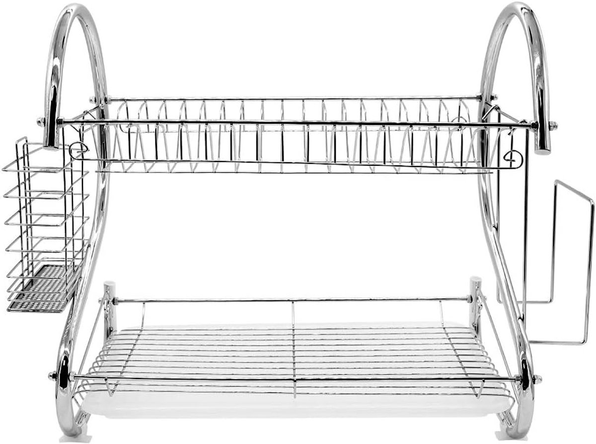 Homewell Afdruiprek met 2 niveaus, keukenservies, afdruiprek voor servies met afdruipplaat en bestekhouder, verchroomd metaal, 40 x 26 x 37 cm