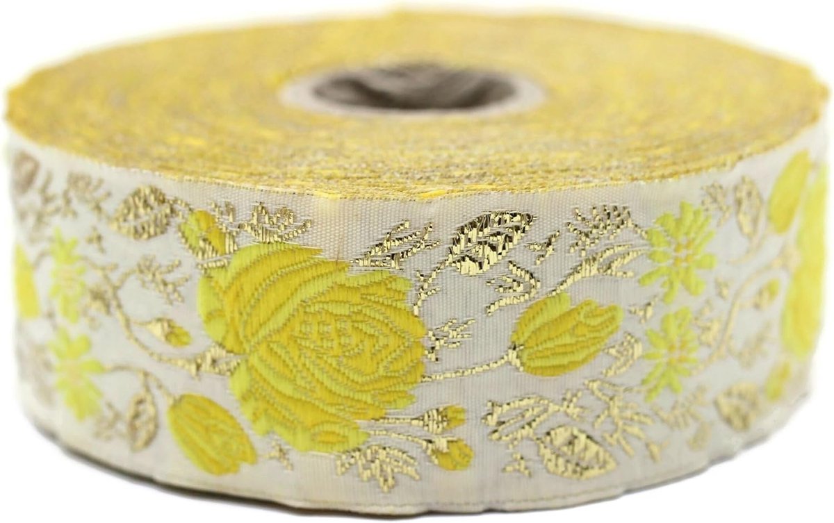 Jacquard lint geweven geel en goud metallic roze glans 10 m x 35 mm - rollen geborduurd lint voor naaien, decoratie 35089-V6