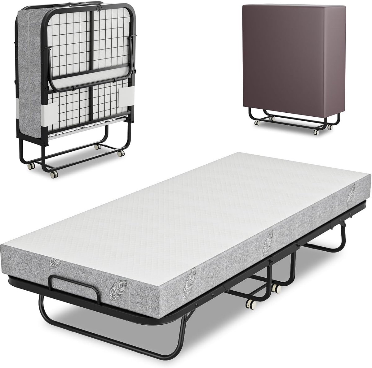 90 x 200 cm, inklapbaar logeerbed incl. 13 cm dik traagschuim matras en beschermhoes, zonder opbouw, stabiel metalen klapframe, met 4 wieltjes, belastbaarheid 200 kg