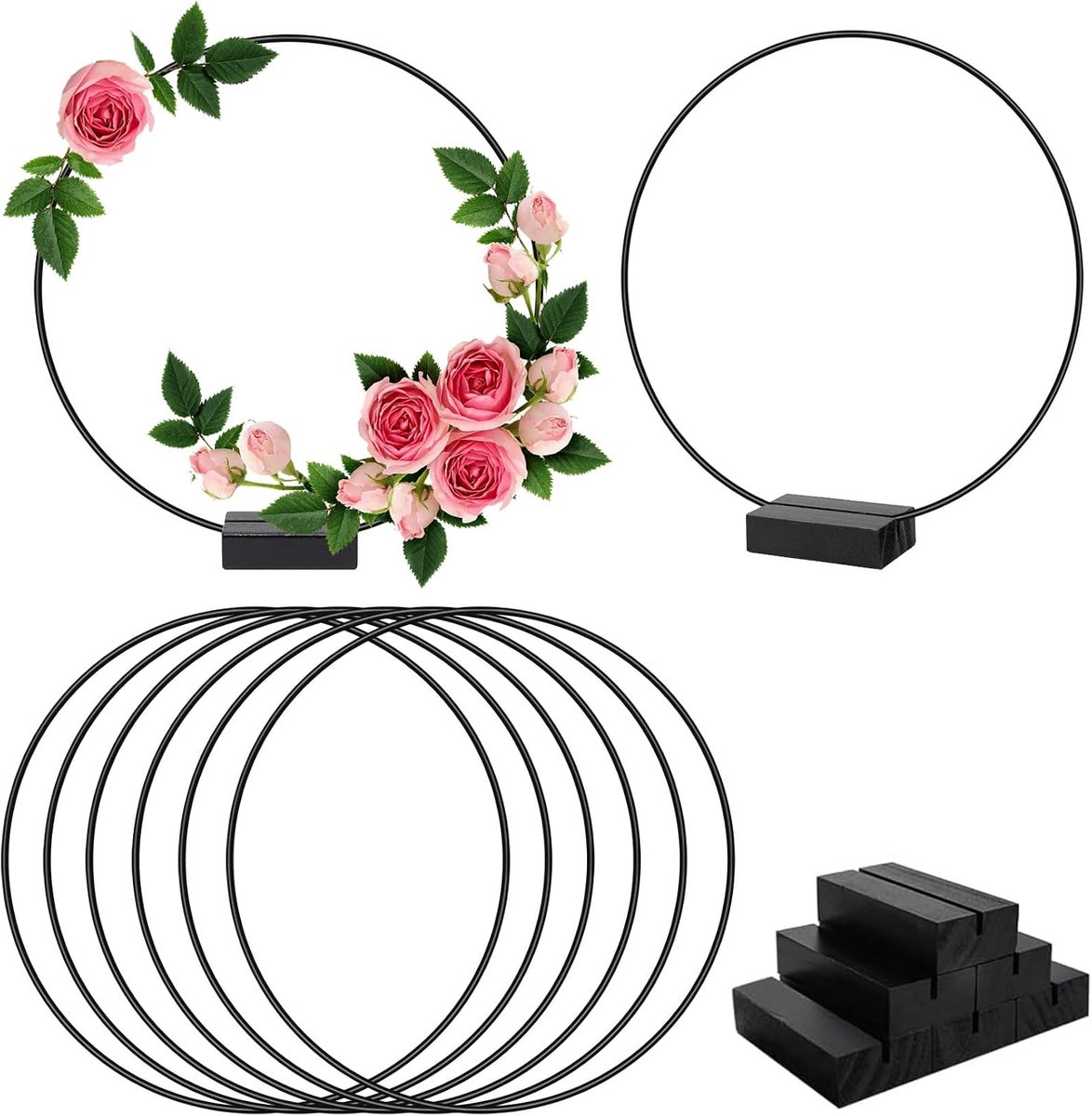 8 stuks metalen ringen om te knutselen met voet Ø 30 cm Zwart metalen ring set met houten standaards Dromenvanger knutselen Dekoringen om op te hangen Deko ringen voor DIY bruiloft