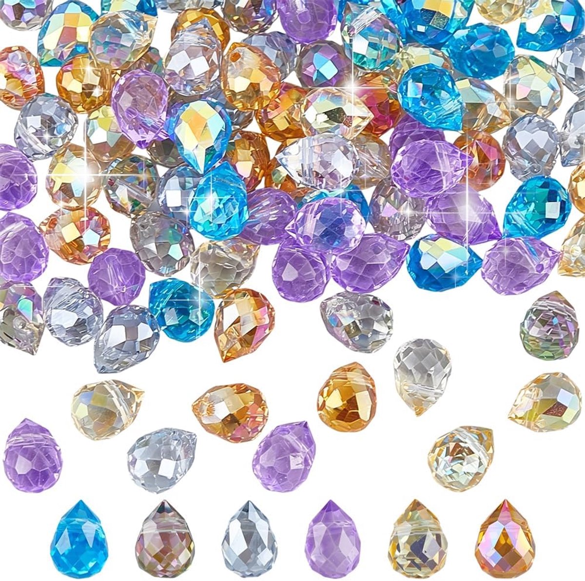 96 stuks druppelvormige kristallen hangers, kralen, facetgeslepen druppelkralen, 10 x 7,5 mm, gekleurde bovenaan geboorde druppels, kristallen hangers voor het maken van sieraden, armbanden