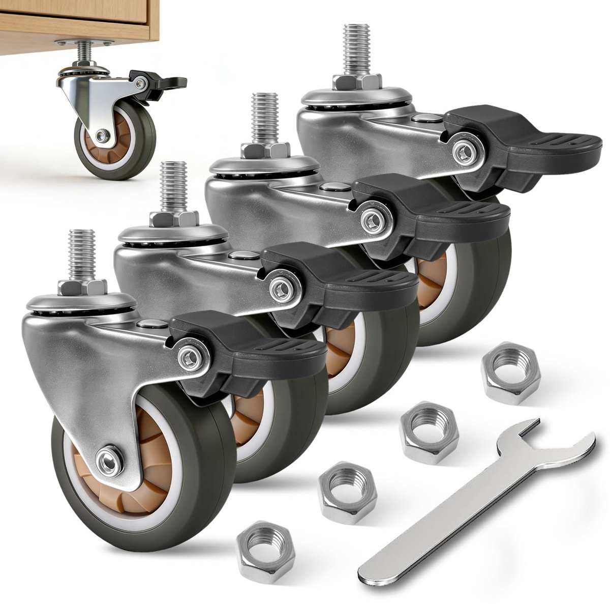 4 wielen voor zware meubels, TPE, stil, met rem, M8 x 25, 360° draaibaar, wielen voor het verplaatsen van meubels, capaciteit 25 kg, voor werkbank, gereedschap, bloemenrek met moeren en sleutel