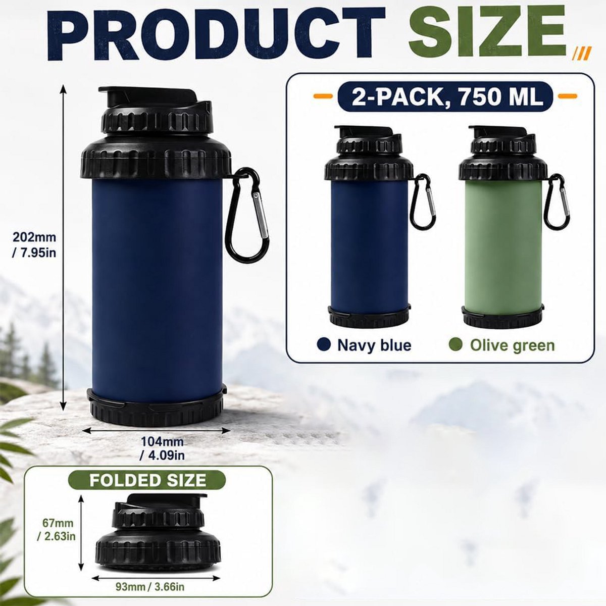 2 Stuks Opvouwbare Waterfles - 750 ml - Siliconen Waterflessen - draagbare Drinkfles - Met Karabijnhaak - Duurzaam - Ideaal voor buitensport, hiking en avonturen — cadeau in Sport & Outdoor - foto 6