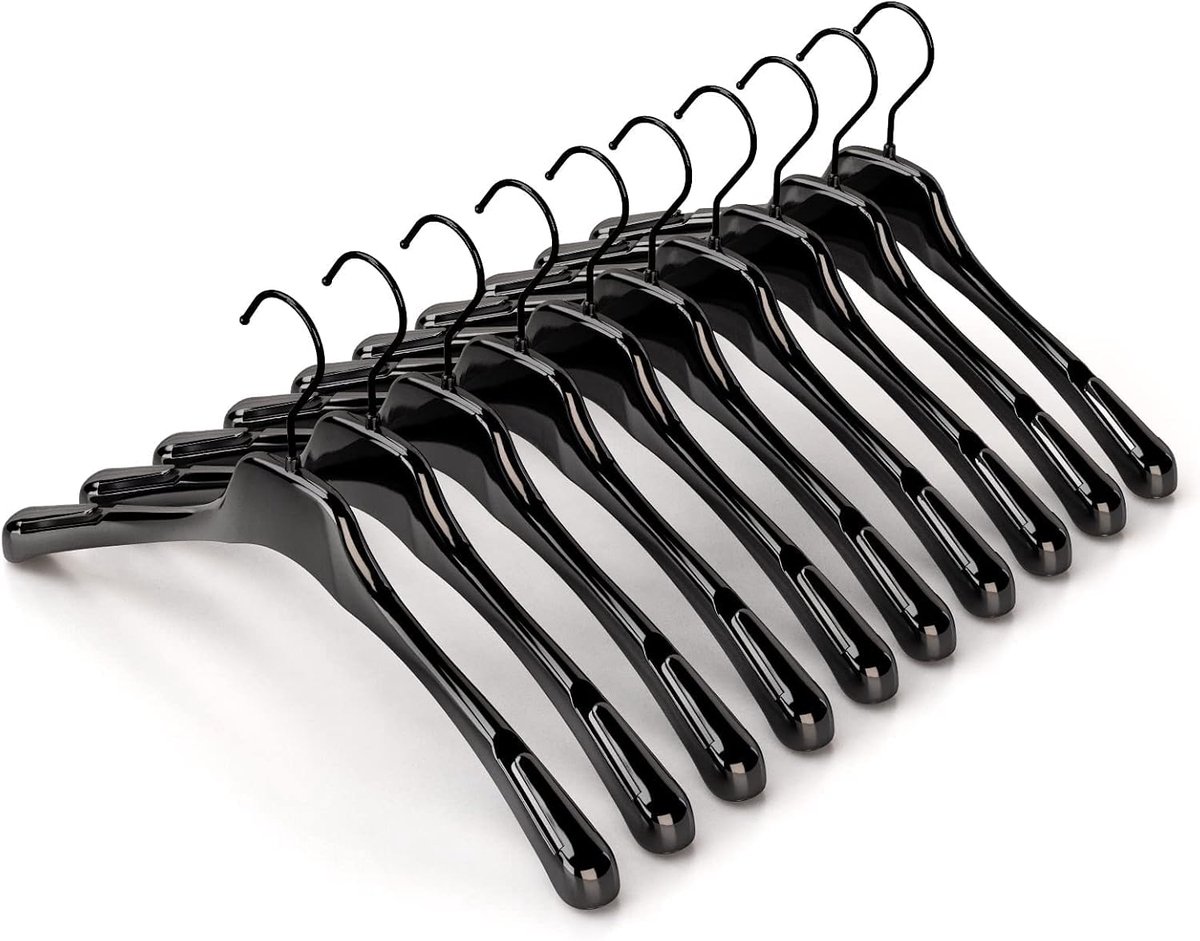 Kleerhangers voor bretels, gebreide waren, kleerhangers van kunststof, dun, ruimtebesparend, met notches, lingerie, badmode, 10 stuks, zwart glanzend met zwarte haak, 41 cm