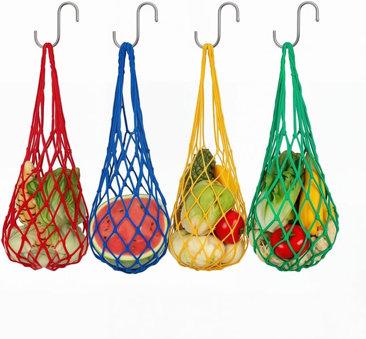 4 stuks kippenvoedernet om op te hangen met haken voor gevogelte, groenten, fruit, netzak, kippennet, voederbak, kippenvoederautomaat, kippenhok, accessoires voor eenden en ganzen