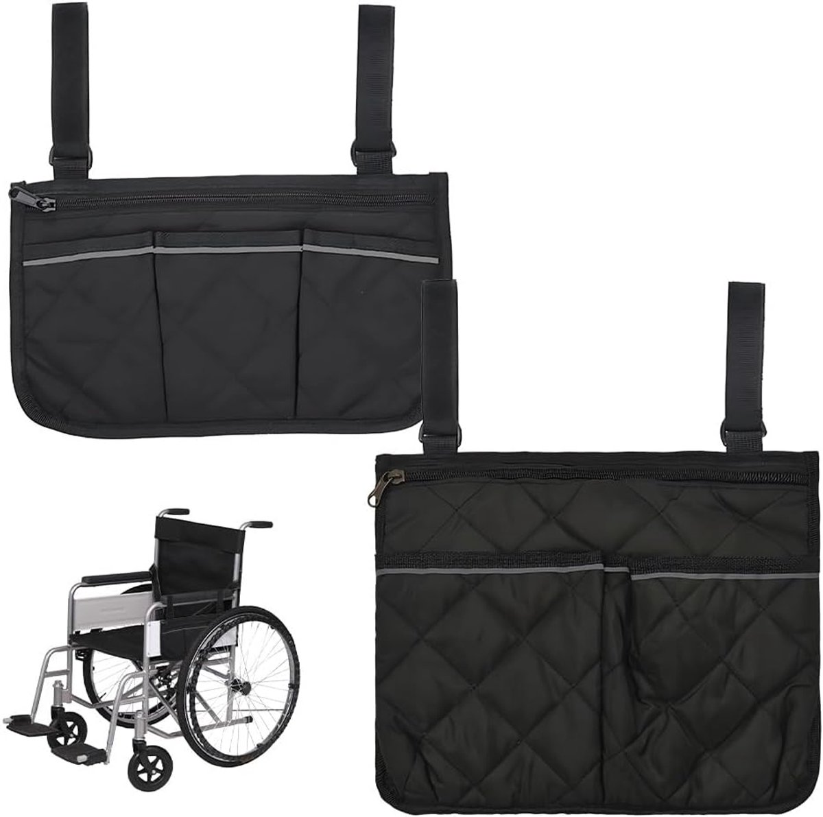2 Stuks Rolstoeltas,Geschikt Voor Rolstoelen en Bureaustoelen | Makkelijk te installeren, reflecterende strips, 4-vak 29,5×15,5cm & 3-vak 28,5×22cm,voor dagelijkse benodigdheden(Zwart)