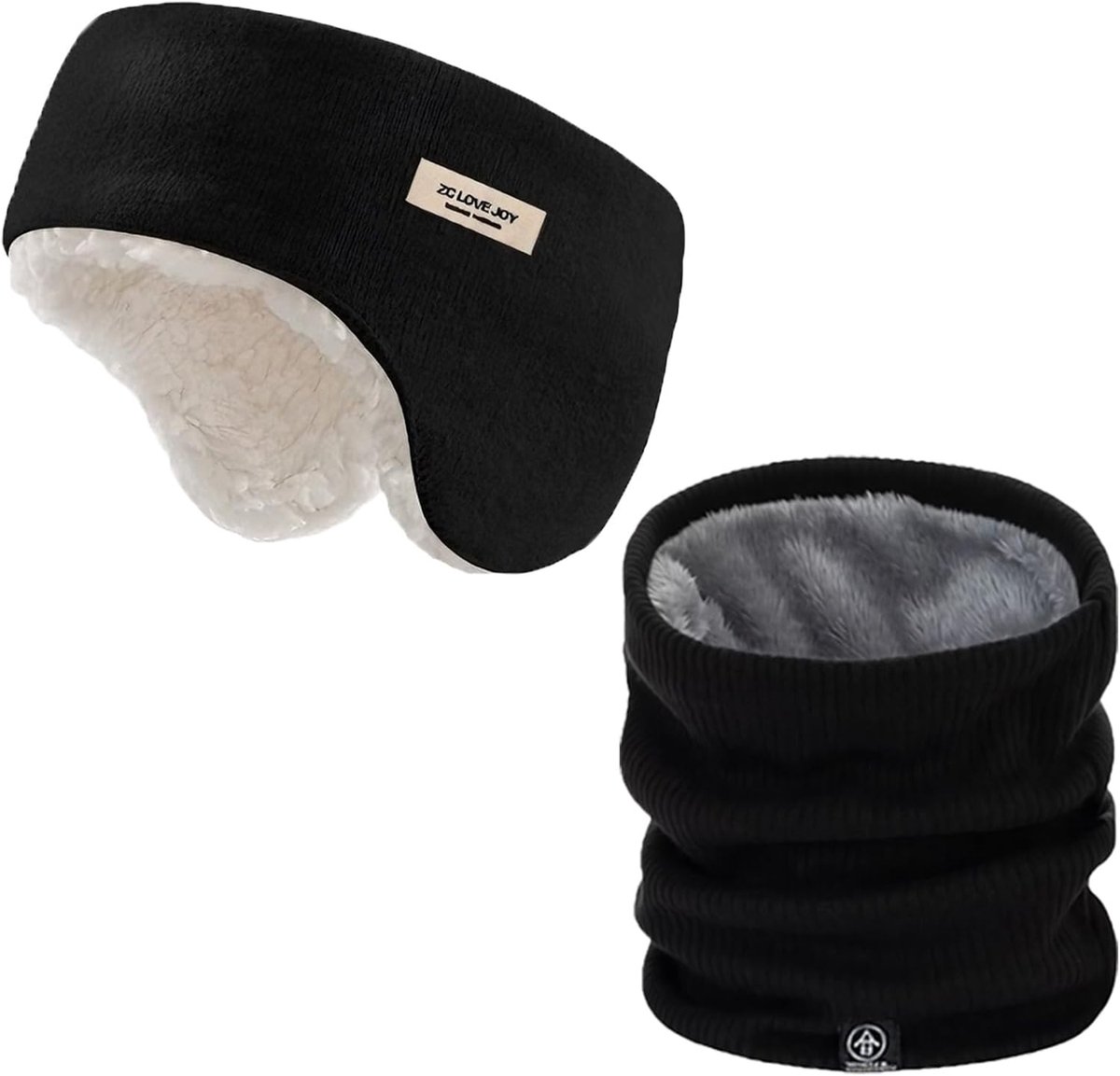 Oorkappen heren winter zwart - 1 stuk oorkap + 1 nekkraag set - synthetisch fleece - SnelShoppen