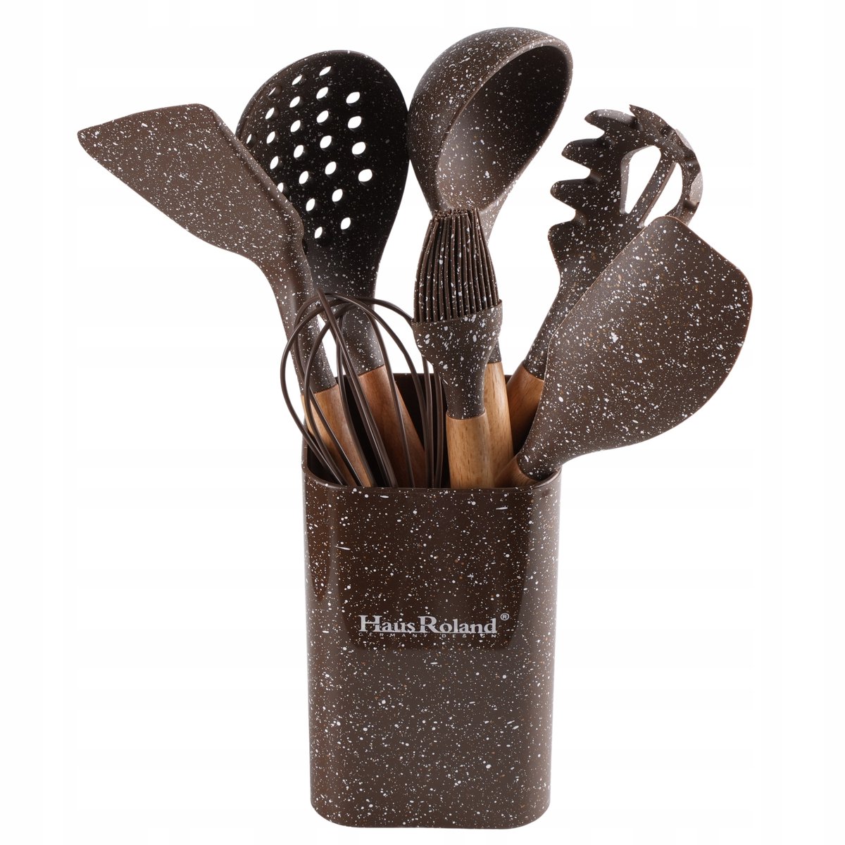 8-delige Keukengerei Set met Houder - Marmerlook & Houten Handvatten
